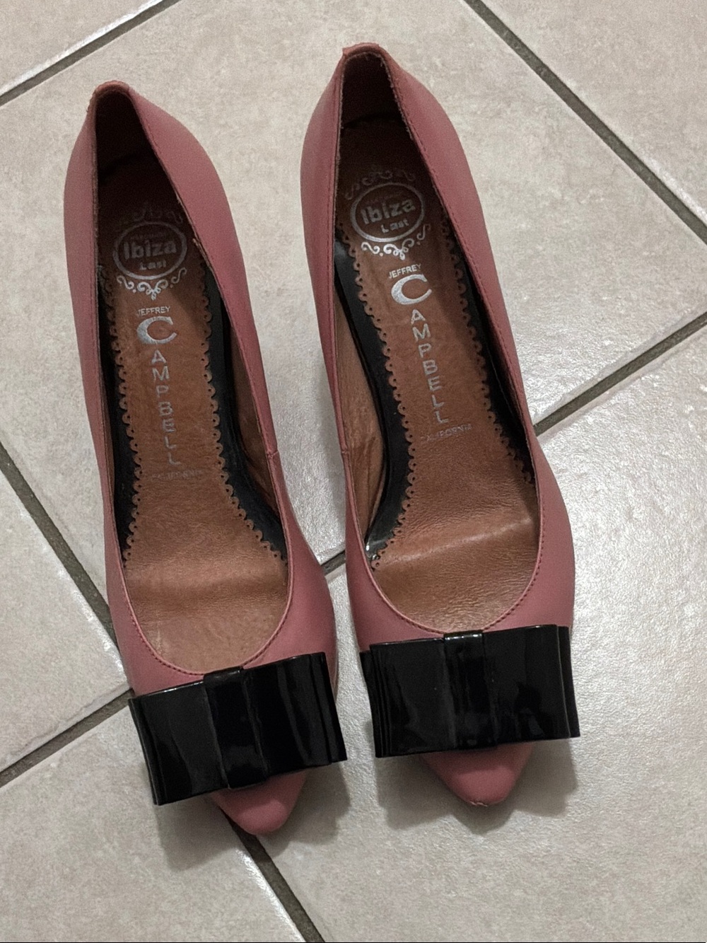 Jeffrey Campbell Rose Pink Peep-Toe Pumps with Black Patent Bow